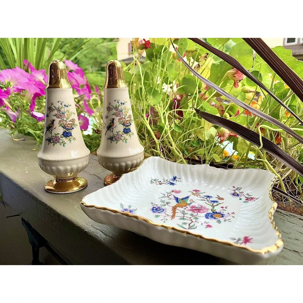 Vintage Hammersley Spode Bird Of Paradise Shakers & Tray Set Chintz Bone China
